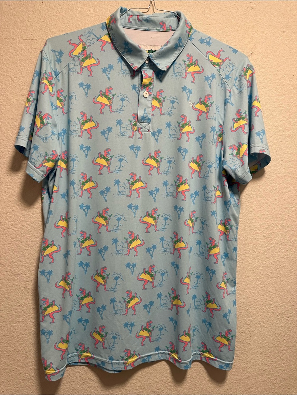 Tipsy Elves Mens Tropical Hawaiian Polo Shirt Light Blue Palm Tree Novelty print